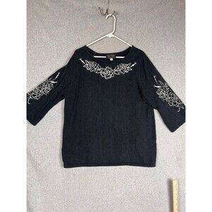 Bob Mackie Wearable Art Cardigan Sweater Women L Black Round Embroidered Sleeves